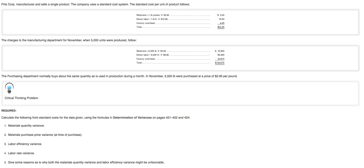 Fritz Corp. manufactures and sells a single product. The company uses a standard cost system. The standard cost per unit of product follows:
Materials-1 Ib plastic @ $3.00
$ 3.00
Direct labor-1.6 hr @ $10.00.
16.00
Factory overhead.
4,45
Total. .
$23.45
The charges to the manufacturing department for November, when 5,000 units were produced, follow:
Materials-5,300 lb @ $3.00.
$ 15,900
Direct labor-8,200 hr @ $9.80.
80,360
Factory overhead
23,815
Total.
$120,075
The Purchasing department normally buys about the same quantity as is used in production during a month. In November, 5,500 Ib were purchased at a price of $2.90 per pound.
Critical Thinking Problem
REQUIRED:
Calculate the following from standard costs for the data given, using the formulas in Determination of Variances on pages 421-422 and 424:
1. Materials quantity variance.
2. Materials purchase price variance (at time of purchase).
3. Labor efficiency variance.
4. Labor rate variance.
5. Give some reasons as to why both the materials quantity variance and labor efficiency variance might be unfavorable.
