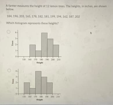 A farmer measures the height of 12 lemon trees. The heights, in inches, are shown
below.
184, 196, 203, 165, 178, 182, 181, 199, 194, 162, 187, 202
Which histogram represents these heights?
3-
150 160 170 180 190 200 210
Height
34
150 160 170 180 190 200 210
Height
saa
sa
