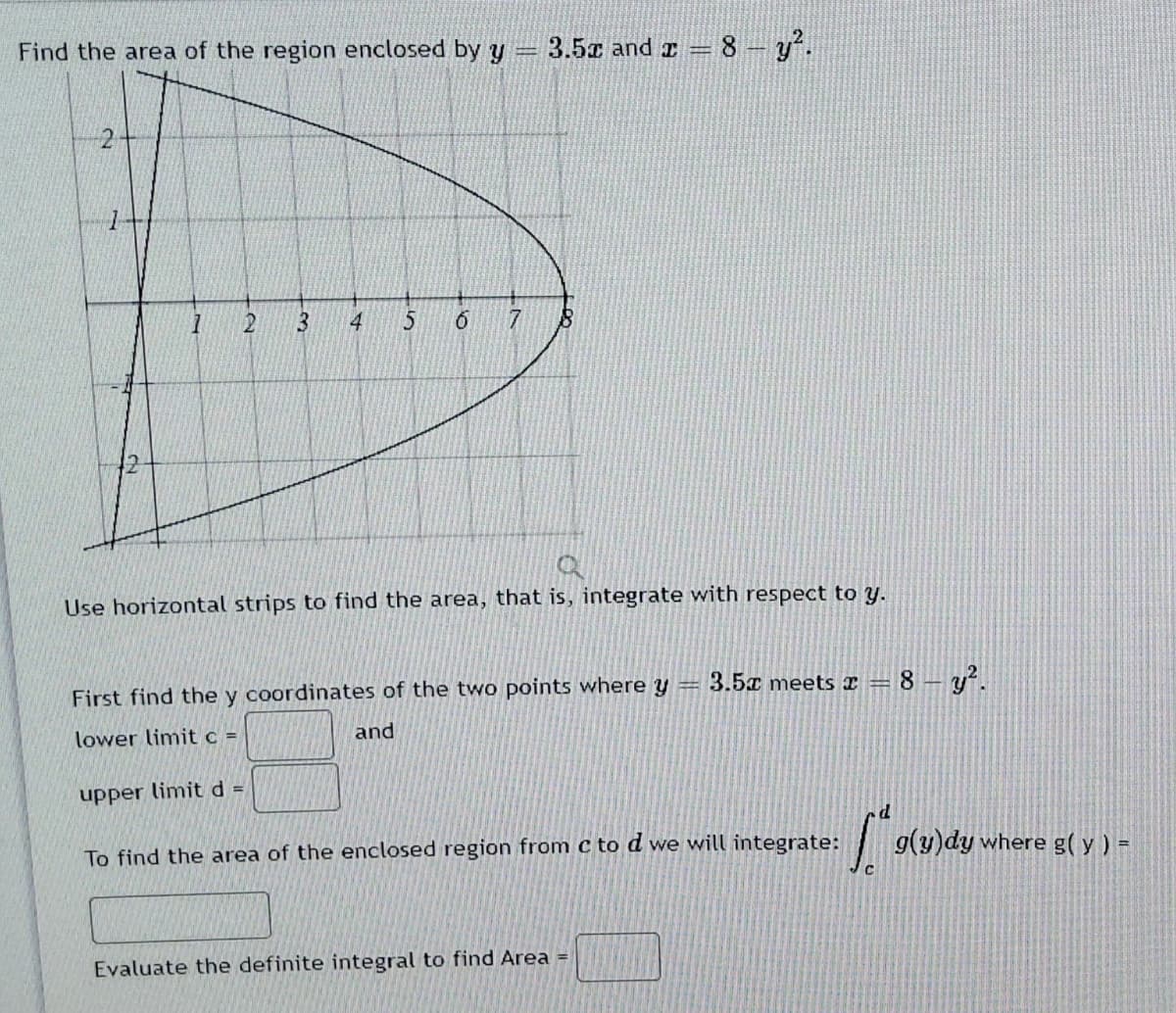 Find the area of the region enclosed byy =
3.5 and I
8 – y.
2
4
Use horizontal strips to find the area, that is, integrate with respect to y.
= 3.5x meets x = 8 – y².
First find the y coordinates of the two points where y
lower limit c =
and
upper limit d =
| g(y)dy where g( y ) =
To find the area of the enclosed region from c to d we will integrate:
Evaluate the definite integral to find Area =
3.
