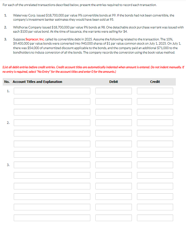 For each of the unrelated transactions described below, present the entries required to record each transaction.
1.
2.
3.
Waterway Corp. issued $18,700,000 par value 9% convertible bonds at 99. If the bonds had not been convertible, the
company's investment banker estimates they would have been sold at 95.
Wildhorse Company issued $18,700,000 par value 9% bonds at 98. One detachable stock purchase warrant was issued with
each $100 par value bond. At the time of issuance, the warrants were selling for $4.
Suppose Sepracor, Inc. called its convertible debt in 2025. Assume the following related to the transaction. The 10%,
$9,400,000 par value bonds were converted into 940,000 shares of $1 par value common stock on July 1, 2025. On July 1,
there was $54,000 of unamortized discount applicable to the bonds, and the company paid an additional $71,000 to the
bondholders to induce conversion of all the bonds. The company records the conversion using the book value method.
(List all debit entries before credit entries. Credit account titles are automatically indented when amount is entered. Do not indent manually. If
no entry is required, select "No Entry" for the account titles and enter O for the amounts.)
No. Account Titles and Explanation
1.
2.
3.
Debit
Credit