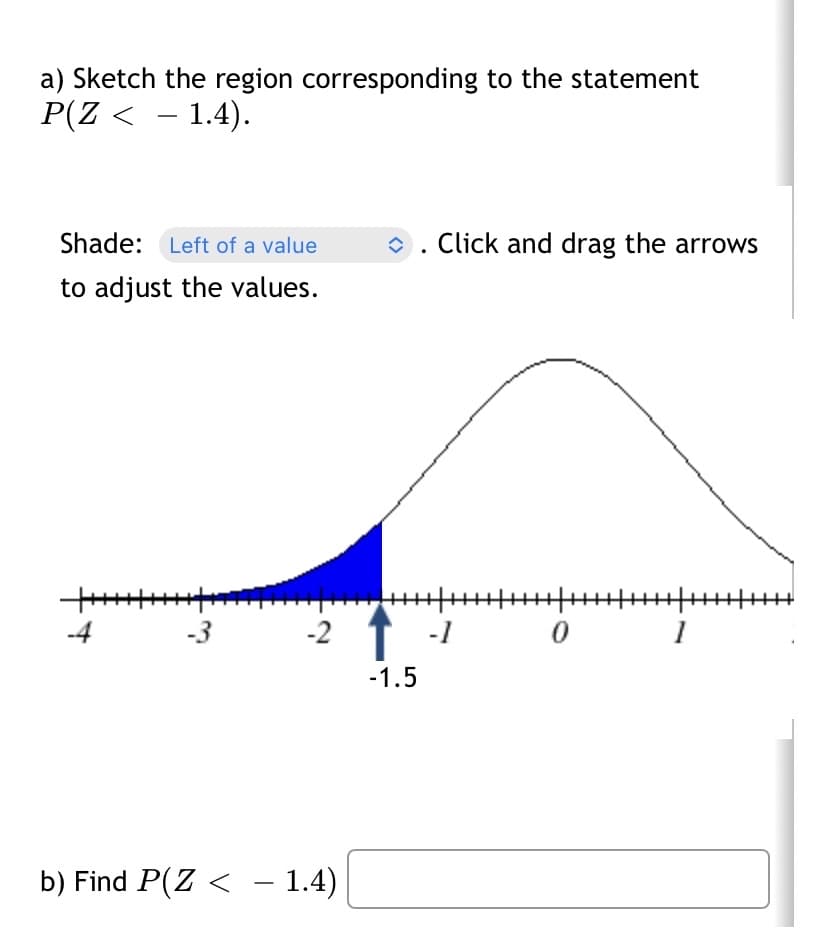 a) Sketch the region corresponding to the statement
P(Z < − 1.4).
Shade: Left of a value
to adjust the values.
++++++++++++
-4
-3
b) Find P(Z < −1.4)
◆ . Click and drag the arrows
+||||| ++|++
-1.5
-1
0
1