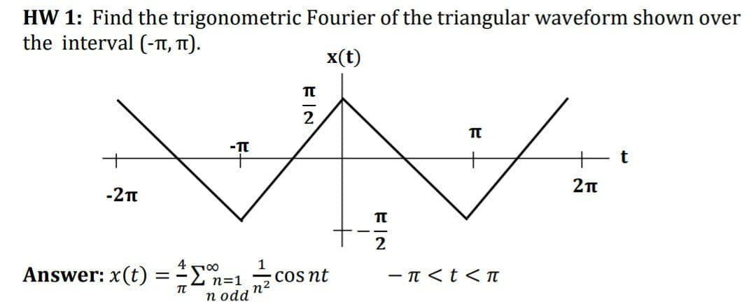 HW 1: Find the trigonometric Fourier of the triangular waveform shown over
the interval (-Tt, T1).
x(t)
-2n
2
Answer: x(t) ==n
1
n=1
n2
п оdd
COs nt
- T <t < T
