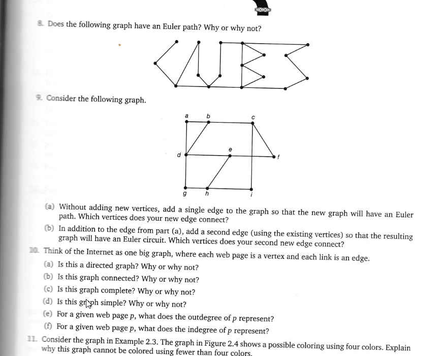 8. Does the following graph have an Euler path? Why or why not?
9. Consider the following graph.
a
#
s
9
(a) Without adding new vertices, add a single edge to the graph so that the new graph will have an Euler
path. Which vertices does your new edge connect?
(b) In addition to the edge from part (a), add a second edge (using the existing vertices) so that the resulting
graph will have an Euler circuit. Which vertices does your second new edge connect?
10. Think of the Internet as one big graph, where each web page is a vertex and each link is an edge.
(a) Is this a directed graph? Why or why not?
(b) Is this graph connected? Why or why not?
(c) Is this graph complete? Why or why not?
(d) Is this graph simple? Why or why not?
(e) For a given web page p, what does the outdegree of p represent?
(f) For a given web page p, what does the indegree of p represent?
11. Consider the graph in Example 2.3. The graph in Figure 2.4 shows a possible coloring using four colors. Explain
why this graph cannot be colored using fewer than four colors,