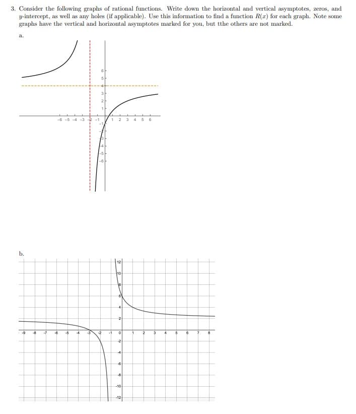 3. Consider the following graphs of rational functions. Write down the horizontal and vertical asymptotes, zeros, and
y-intercept, as well as any holes (if applicable). Use this information to find a function R(r) for each graph. Note some
graphs have the vertical and horizontal asymptotes marked for you, but the others are not marked.
a.
b.
-9 -8 -7
-6-5
-6
-5
4
-3
-1
3
-2
1 2 3 4 56
-1
10
6
-4
2
0
2
4
-6
-8
-10-
-12-
1
2
3
4
5
6