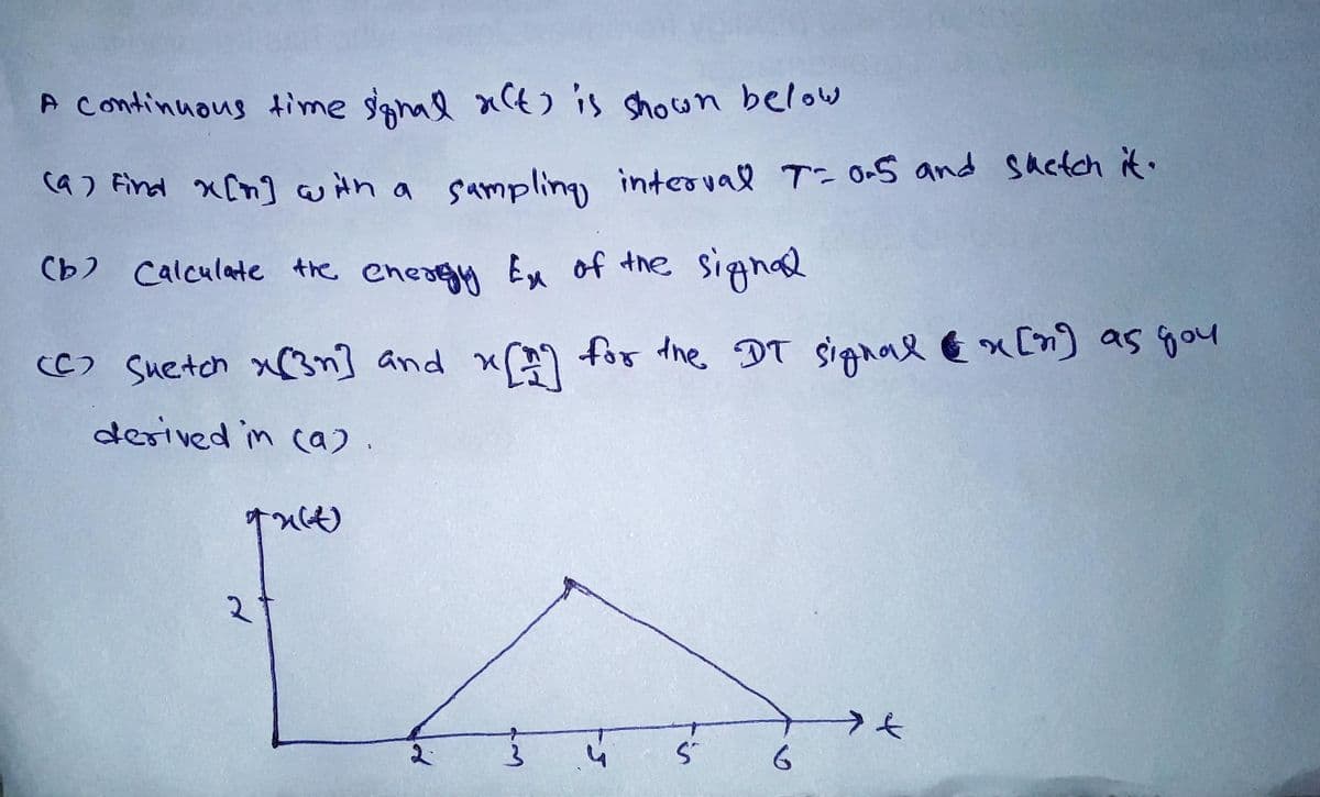 A continuous time sanal aCt is shown below
CG) Aind x[n] with a sampling interval T- O5 and sactch it.
Cb) Calculate the energy Ex of the signl
(C) Suetch xC3n] and x^) for the DT signal Ex[n) as gou
derived in ca).
6o
