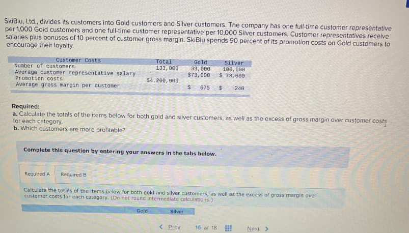 SkiBlu, Ltd., divides its customers into Gold customers and Silver customers. The company has one full-time customer representative
per 1,000 Gold customers and one full-time customer representative per 10,000 Silver customers. Customer representatives receive
salaries plus bonuses of 10 percent of customer gross margin. SkiBlu spends 90 percent of its promotion costs on Gold customers to
encourage their loyalty.
Customer Costs.
Number of customers
Average customer representative salary
Promotion costs
Average gross margin per customer
Total
133,000
$4,200,000
Required A Required B
Required:
a. Calculate the totals of the items below for both gold and silver customers, as well as the excess of gross margin over customer costs
for each category.
b. Which customers are more profitable?
Complete this question by entering your answers in the tabs below.
Gold
Gold
33,000
$73,000
$ 675
Calculate the totals of the items below for both gold and silver customers, as well as the excess of gross margin over
customer costs for each category. (Do not round intermediate calculations.)
Silver
< Prev
Silver
100,000
$ 73,000
$ 240
16 of 18
www
www
w
Next >