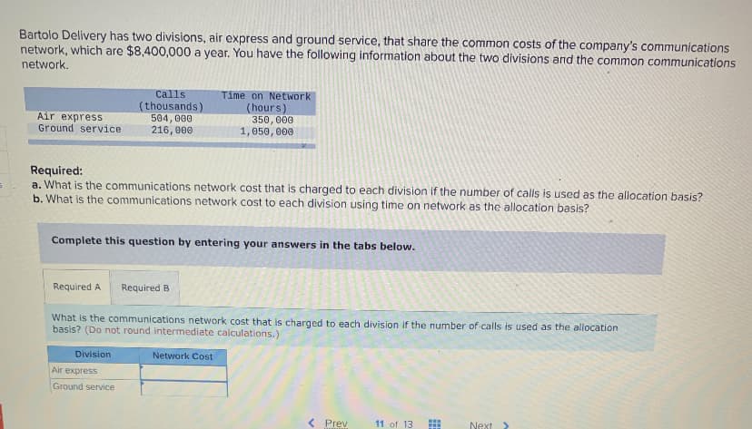 Bartolo Delivery has two divisions, air express and ground service, that share the common costs of the company's communications
network, which are $8,400,000 a year. You have the following information about the two divisions and the common communications
network.
Air express
Ground service
Calls
(thousands)
504,000
216,000
Required:
a. What is the communications network cost that is charged to each division if the number of calls is used as the allocation basis?
b. What is the communications network cost to each division using time on network as the allocation basis?
Complete this question by entering your answers in the tabs below.
Required A Required B
Division
Time on Network
(hours)
350,000
1,050,000
What is the communications network cost that is charged to each division if the number of calls is used as the allocation
basis? (Do not round intermediate calculations.)
Air express
Ground service
Network Cost
< Prev
**
11 of 13 www
Next >
