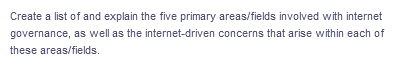 Create a list of and explain the five primary areas/fields involved with internet
governance, as well as the internet-driven concerns that arise within each of
these areas/fields.