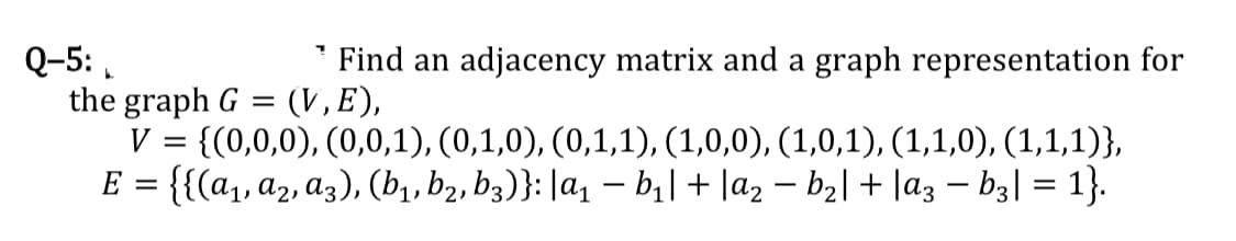 2-5:.
the graph G
V = {(0,0,0), (0,0,1), (0,1,0), (0,1,1), (1,0,0), (1,0,1), (1,1,0), (1,1,1)},
E = {{(a, a2, a3), (b,, b2, b3)}: |a1 – b,| + |a2 – b2| + |a3 – b3| = 1}.
Find an adjacency matrix and a graph representation for
: (V,E),
