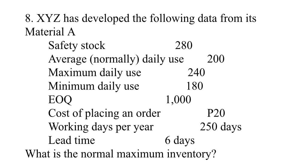 8. XYZ has developed the following data from its
Material A
Safety stock
Average (normally) daily use
Maximum daily use
Minimum daily use
EOQ
Cost of placing an order
Working days per year
Lead time
280
200
240
180
1,000
P20
250 days
6 days
What is the normal maximum inventory?
