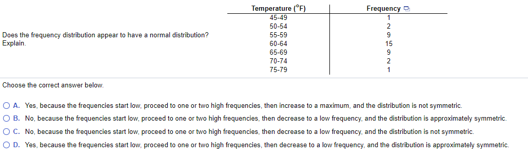 Temperature (°F)
45-49
Frequency
50-54
55-59
Does the frequency distribution appear to have a normal distribution?
Explain.
9
60-64
15
65-69
70-74
9
2
75-79
1
Choose the correct answer below.
O A. Yes, because the frequencies start low, proceed to one or two high frequencies, then increase to a maximum, and the distribution is not symmetric.
O B. No, because the frequencies start low, proceed to one or two high frequencies, then decrease to a low frequency, and the distribution is approximately symmetric.
O C. No, because the frequencies start low, proceed to one or two high frequencies, then decrease to a low frequency, and the distribution is not symmetric.
O D. Yes, because the frequencies start low, proceed to one or two high frequencies, then decrease to a low frequency, and the distribution is approximately symmetric.
