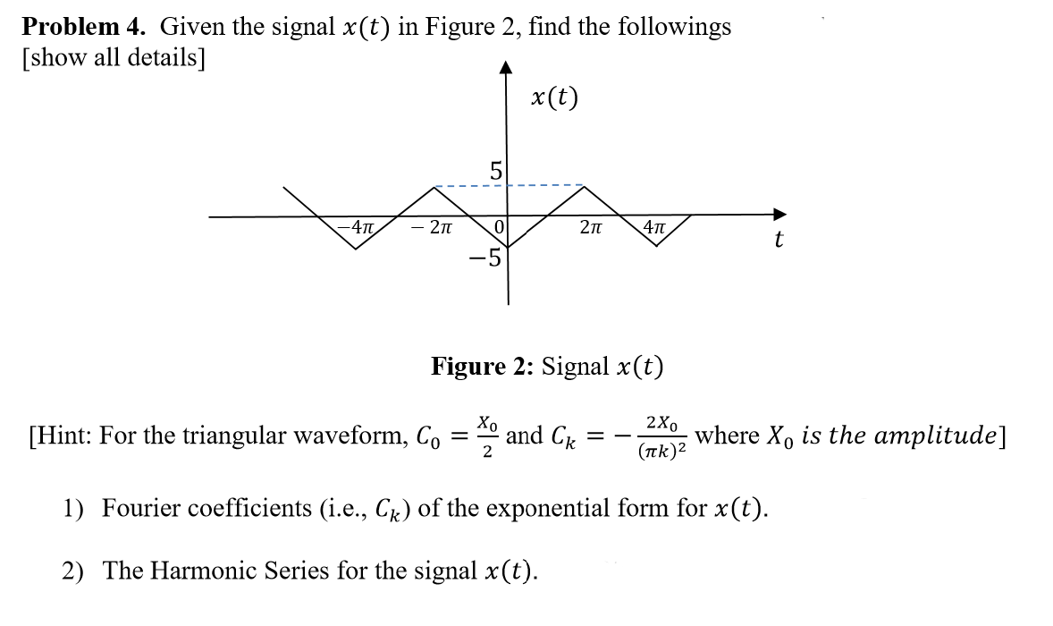 Problem 4. Given the signal x(t) in Figure 2, find the followings
[show all details]
x(t)
5
-4T
4T
Figure 2: Signal x(t)
Хо
[Hint: For the triangular waveform, Co
2Xo
and Cr
where X, is the amplitude]
(nk)2
2
1) Fourier coefficients (i.e., CR) of the exponential form for x(t).
2) The Harmonic Series for the signal x(t).
