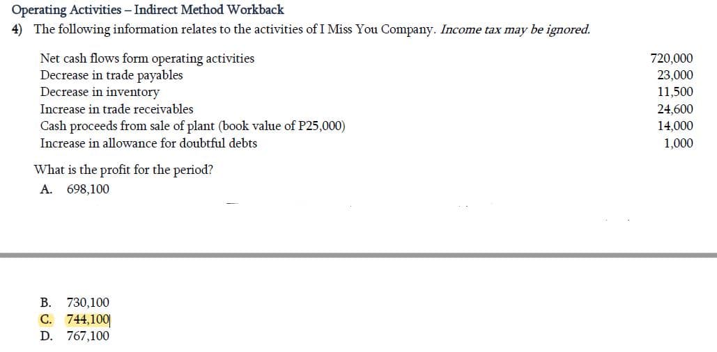 Operating Activities – Indirect Method Workback
4) The following information relates to the activities of I Miss You Company. Income tax may be ignored.
Net cash flows form operating activities
Decrease in trade payables
Decrease in inventory
720,000
23,000
11,500
Increase in trade receivables
24,600
Cash proceeds from sale of plant (book value of P25,000)
14,000
Increase in allowance for doubtful debts
1,000
What is the profit for the period?
A. 698,100
B. 730,100
C. 744,100|
D. 767,100
