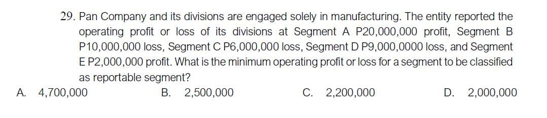 29. Pan Company and its divisions are engaged solely in manufacturing. The entity reported the
operating profit or loss of its divisions at Segment A P20,000,000 profit, Segment B
P10,000,000 loss, Segment C P6,000,000 loss, Segment D P9,000,0000 loss, and Segment
E P2,000,000 profit. What is the minimum operating profit or loss for a segment to be classified
as reportable segment?
A. 4,700,000
B. 2,500,000
C.
2,200,000
D. 2,000,000
