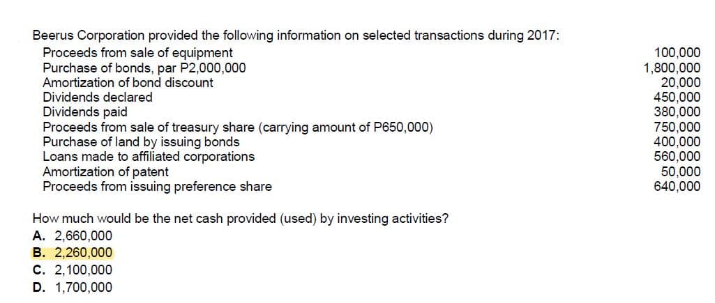 Beerus Corporation provided the following information on selected transactions during 2017:
Proceeds from sale of equipment
Purchase of bonds, par P2,000,000
Amortization of bond discount
Dividends declared
Dividends paid
Proceeds from sale of treasury share (carrying amount of P650,000)
Purchase of land by issuing bonds
Loans made to affiliated corporations
Amortization of patent
Proceeds from issuing preference share
100,000
1,800,000
20,000
450,000
380,000
750,000
400,000
560,000
50,000
640,000
How much would be the net cash provided (used) by investing activities?
A. 2,660,000
В. 2,260,000
С. 2,100,000
D. 1,700,000
