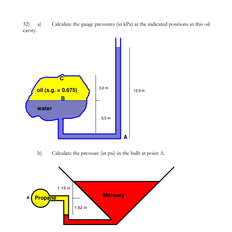 32) a)
cavity.
Calculate the gauge pressures (in kPa) at the indicated positions in this oil
32 m
oil (s.g. = 0.675)
12.9 m
%3D
B
water
5.5 m
A
b)
Calculate the pressure (in psi) in the bulb at point A.
1.15 in
Mercury
A( Propane
1.62 in
