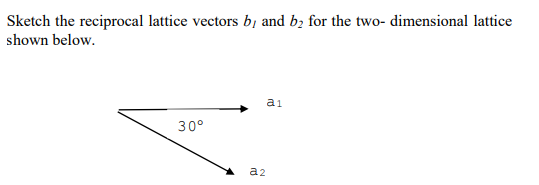 Sketch the reciprocal lattice vectors by and b₂ for the two-dimensional lattice
shown below.
30°
ai
a2