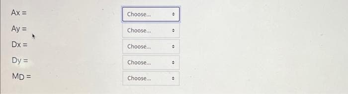 Ax =
Ay =
Dx =
Dy =
MD=
Choose...
Choose...
Choose...
Choose...
Choose...
÷
0
:
+
th