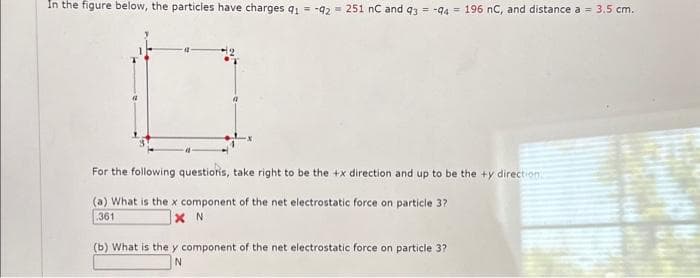 In the figure below, the particles have charges q1 = -92= 251 nC and 93 94 = 196 nC, and distance a = 3.5 cm.
For the following questions, take right to be the +x direction and up to be the +y direction
(a) What is the x component of the net electrostatic force on particle 3?
361
XN
(b) What is the y component of the net electrostatic force on particle 3?
N