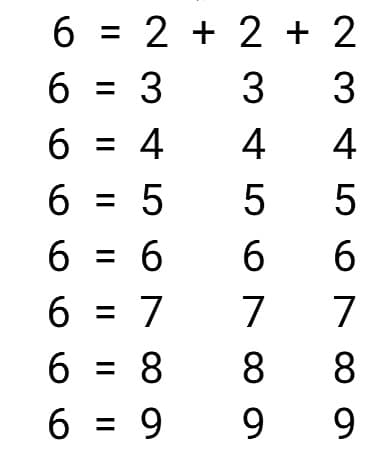 6 = 2 + 2 + 2
6 = 3
3
3
6 = 4
4
4
6 = 5
6 = 6
6.
6.
6 = 7
7
7
6 = 8
8
