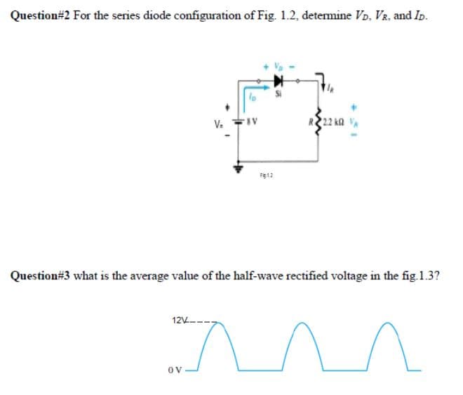 Question#2 For the series diode configuration of Fig. 1.2, determine VD, VR, and Ib.
V.
R222 ka
Fg12
Question#3 what is the average value of the half-wave rectified voltage in the fig.1.3?
12V---
OV
