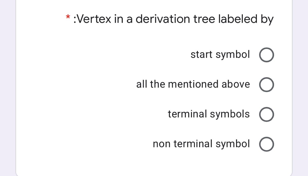 :Vertex in a derivation tree labeled by
start symbol O
all the mentioned above
terminal symbols O
non terminal symbol O
