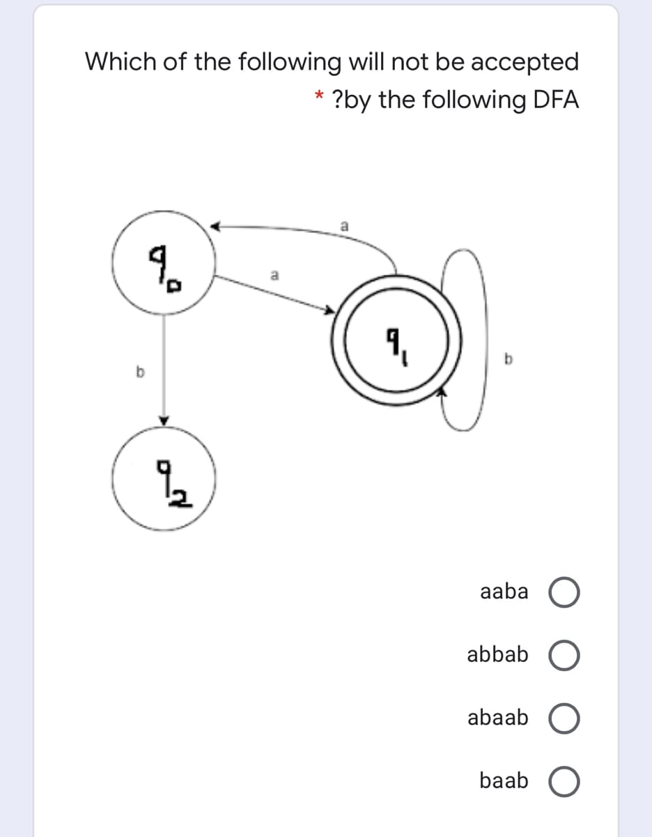 Which of the following will not be accepted
* ?by the following DFA
a
9.
aaba O
abbab O
abaab O
baab
