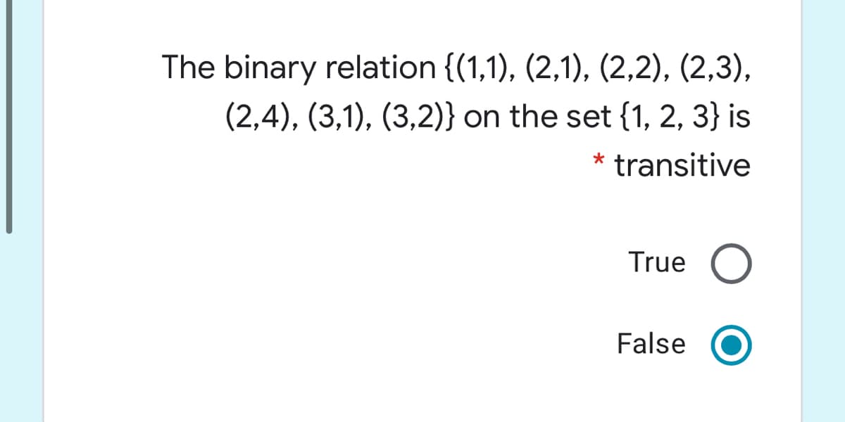 The binary relation {(1,1), (2,1), (2,2), (2,3),
(2,4), (3,1), (3,2)} on the set {1, 2, 3} is
* transitive
True
False
