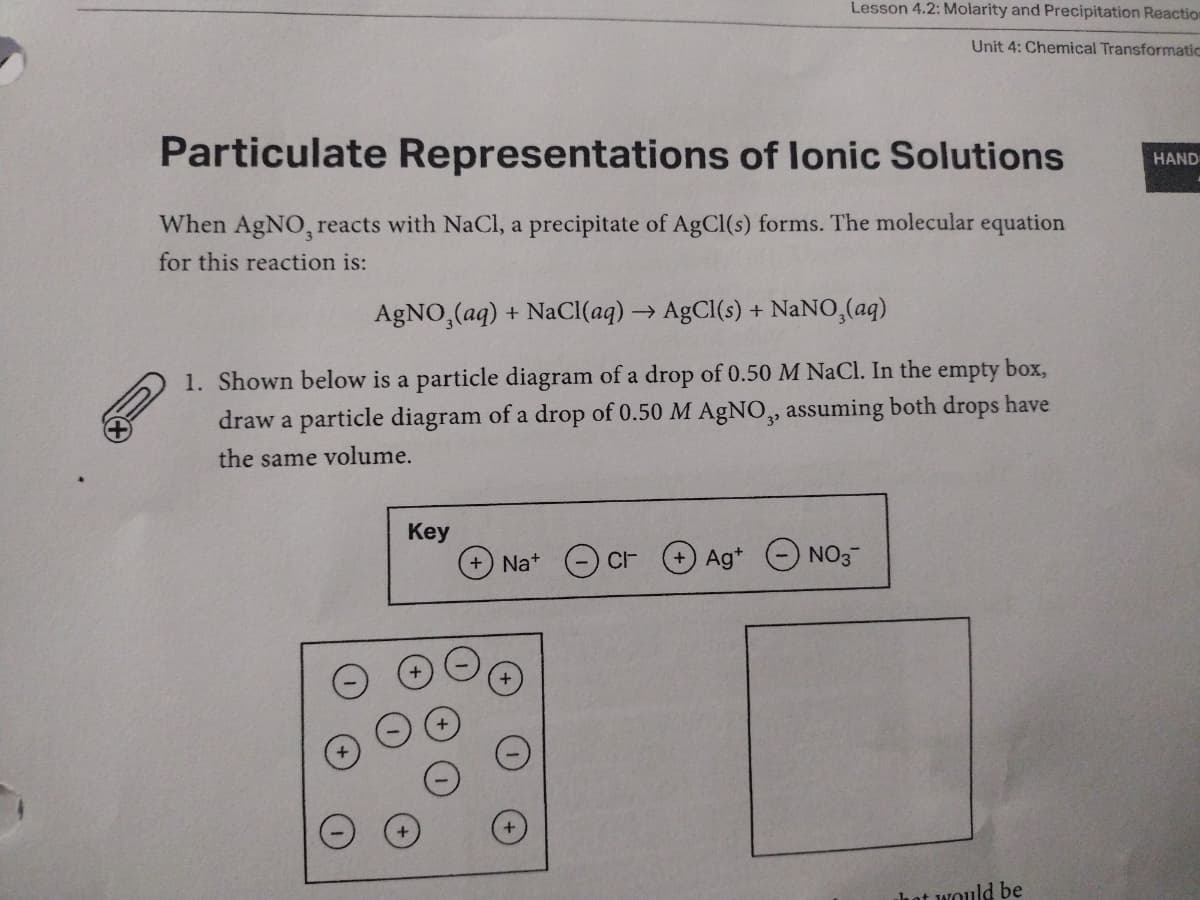 Particulate Representations of lonic Solutions
When AgNO, reacts with NaCl, a precipitate of AgCl(s) forms. The molecular equation
for this reaction is:
AgNO3(aq) + NaCl(aq) → AgCl(s) + NaNO3(aq)
1. Shown below is a particle diagram of a drop of 0.50 M NaCl. In the empty box,
draw a particle diagram of a drop of 0.50 M AgNO,, assuming both drops have
the same volume.
Key
Lesson 4.2: Molarity and Precipitation Reaction
Unit 4: Chemical Transformatic
Na+ cr
Ag+
NO3
hat would be
HAND