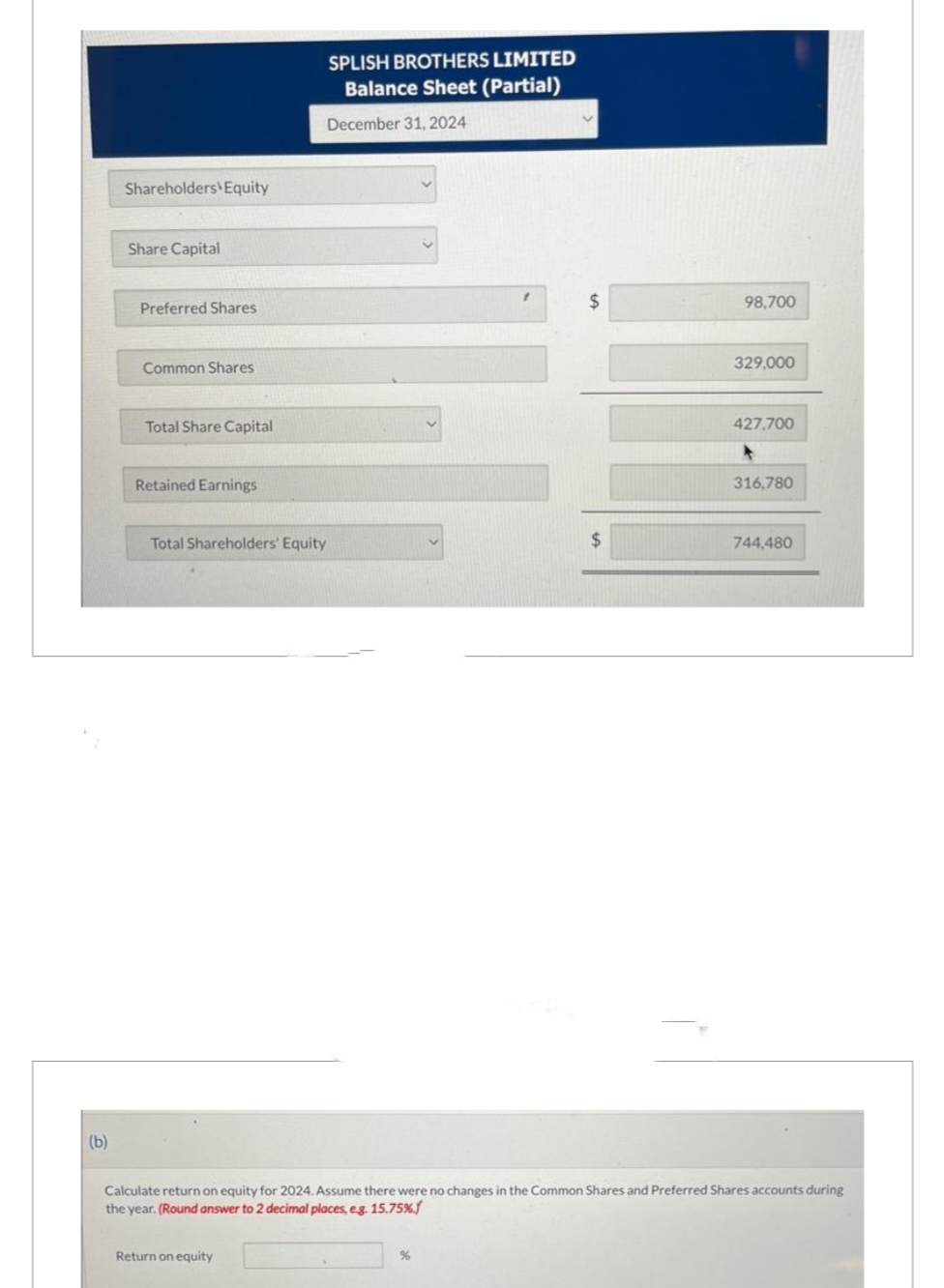 (b)
Shareholders Equity
Share Capital
Preferred Shares
Common Shares
Total Share Capital
Retained Earnings
SPLISH BROTHERS LIMITED
Balance Sheet (Partial)
December 31, 2024
Total Shareholders' Equity
Return on equity
f
%
$
$
98,700
329,000
427,700
316,780
Calculate return on equity for 2024. Assume there were no changes in the Common Shares and Preferred Shares accounts during
the year. (Round answer to 2 decimal places, e.g. 15.75%
744,480