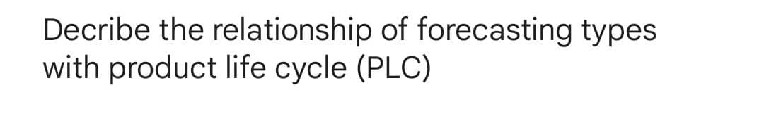 Decribe the relationship of forecasting types
with product life cycle (PLC)
