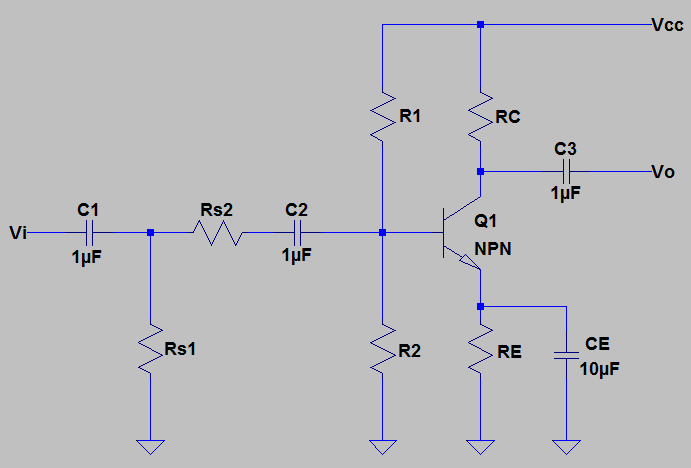 Vcc
R1
RC
C3
Vo
1µF
C1
Rs2
C2
Q1
Vi-
NPN
1µF
1µF
Rs1
R2
RE
CE
10µF
