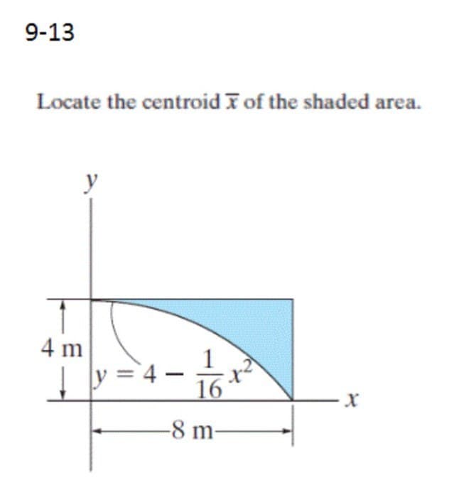 9-13
Locate the centroid of the shaded area.
4 m
- 1/6 x ²
-8 m-
y = 4-
-
X