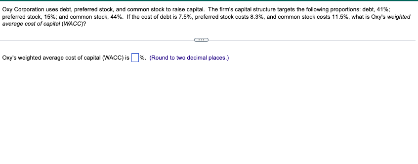 Oxy Corporation uses debt, preferred stock, and common stock to raise capital. The firm's capital structure targets the following proportions: debt, 41%;
preferred stock, 15%; and common stock, 44%. If the cost of debt is 7.5%, preferred stock costs 8.3%, and common stock costs 11.5%, what is Oxy's weighted
average cost of capital (WACC)?
Oxy's weighted average cost of capital (WACC) is%. (Round to two decimal places.)