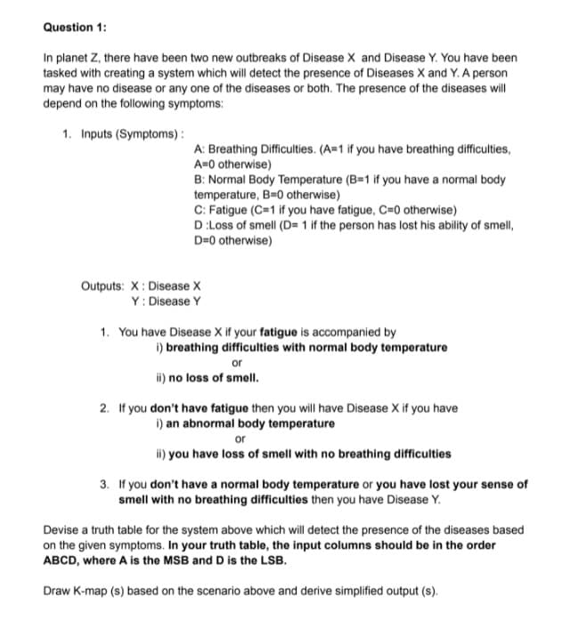 ### Question 1: 

On planet Z, there have been two new outbreaks of Disease X and Disease Y. You have been tasked with creating a system which will detect the presence of Diseases X and Y. A person may have no disease or any one of the diseases or both. The presence of the diseases will depend on the following symptoms:

#### 1. Inputs (Symptoms):

- **A: Breathing Difficulties.** 
  - \( A = 1 \) if you have breathing difficulties,
  - \( A = 0 \) otherwise.
- **B: Normal Body Temperature.**
  - \( B = 1 \) if you have a normal body temperature,
  - \( B = 0 \) otherwise.
- **C: Fatigue.**
  - \( C = 1 \) if you have fatigue,
  - \( C = 0 \) otherwise.
- **D: Loss of Smell.**
  - \( D = 1 \) if the person has lost his ability of smell,
  - \( D = 0 \) otherwise.

#### Outputs:

- \( X \): Disease X
- \( Y \): Disease Y

---

1. **You have Disease X if your fatigue is accompanied by:**
    - i) Breathing difficulties with normal body temperature 
    - or
    - ii) No loss of smell.

2. **If you don’t have fatigue, then you will have Disease X if you have:**
    - i) An abnormal body temperature 
    - or
    - ii) You have loss of smell with no breathing difficulties.

3. **If you don’t have a normal body temperature or you have lost your sense of smell with no breathing difficulties, then you have Disease Y.**

---

### Task:
Devise a truth table for the system above, which will detect the presence of the diseases based on the given symptoms. In your truth table, the input columns should be in the order \( ABCD \), where \( A \) is the MSB and \( D \) is the LSB. 

Draw K-map(s) based on the scenario above and derive simplified output(s).

---

### Example Truth Table:

| A (MSB) | B | C | D (LSB) | X (Disease X) | Y (Disease Y) |
|---------|---|---|---------|---------------|---------------|
|     0   |