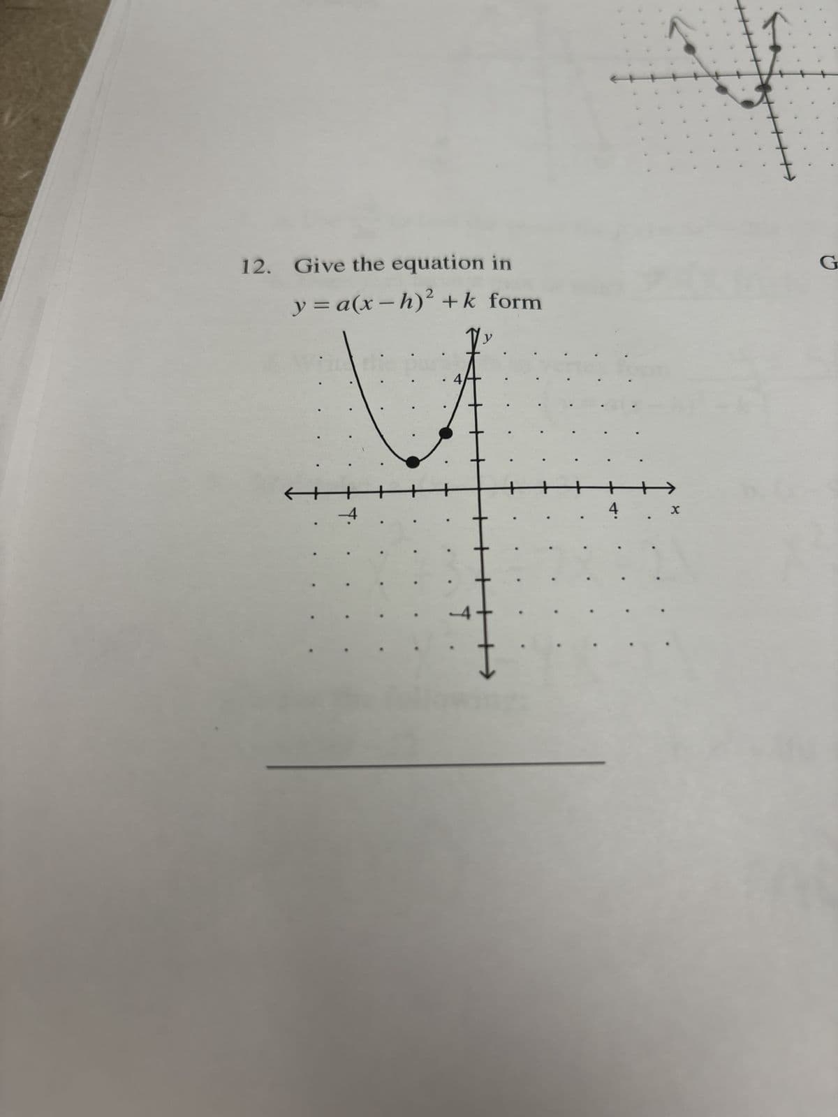 12. Give the equation in
y = a(x-h)² + k form
Iv
T.
T.
4
*
X
G