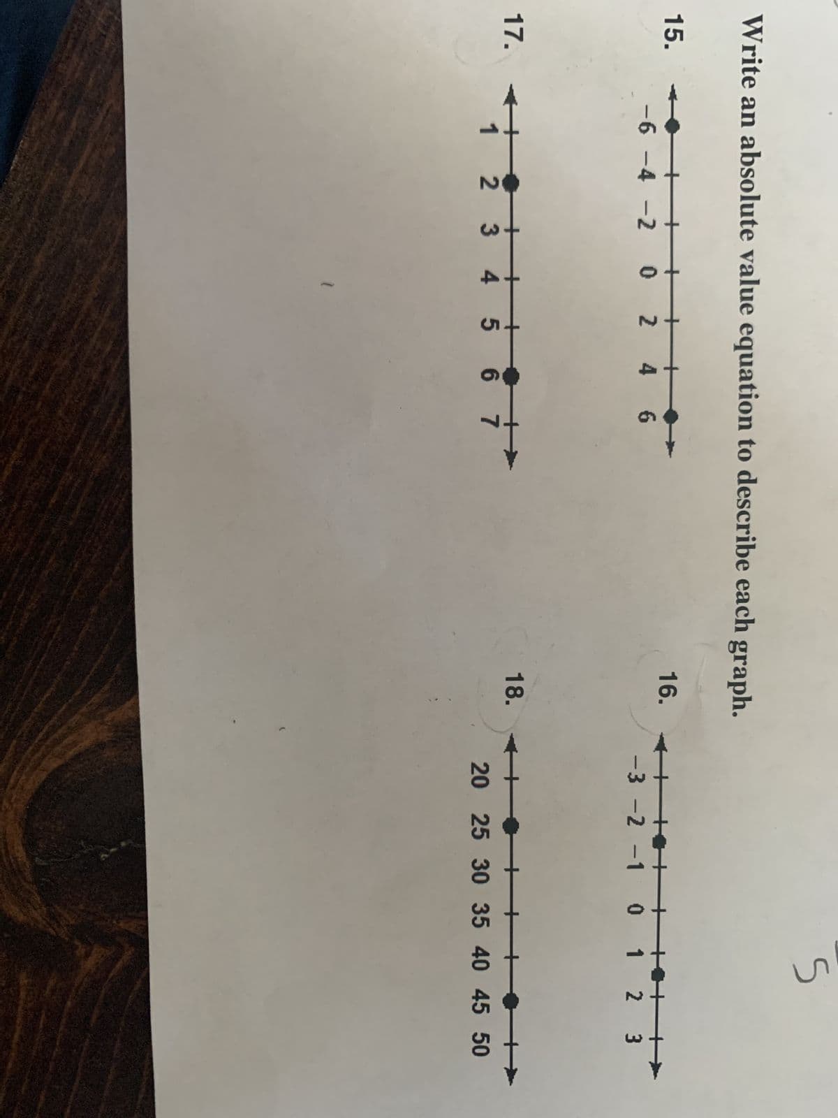 Write an absolute value equation to describe each graph.
15.
17.
-6-4-2 0 2 4 6
tr
567
123 4 5
16.
18.
5
-3 -2 -1 0 1 2 3
20 25 30 35 40 45 50