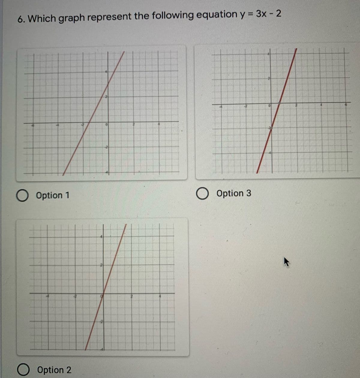 %3D
6. Which graph represent the following equation y = 3x - 2
Option 1
Option 3
O Option 2
