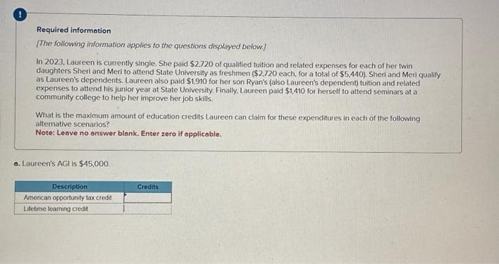 Required information
[The following information applies to the questions displayed below.)
In 2023, Laureen is currently single. She paid $2,720 of qualified tuition and related expenses for each of her twin
daughters Sheri and Meri to attend State University as freshmen ($2.720 each, for a total of $5,440). Sherl and Meri qualify
as Laureen's dependents. Laureen also paid $1,910 for her son Ryan's (also Laureen's dependent) tuition and related
expenses to attend his junior year at State University. Finally, Laureen paid $1,410 for herself to attend seminars at a
community college to help her improve her job skills.
What is the maximum amount of education credits Laureen can claim for these expenditures in each of the following
alternative scenarios?
Note: Leave no answer blank. Enter zero if applicable.
a. Laureen's AGI is $45,000.
Description
American opportunity tax credit
Lifetime learning credit
Credits