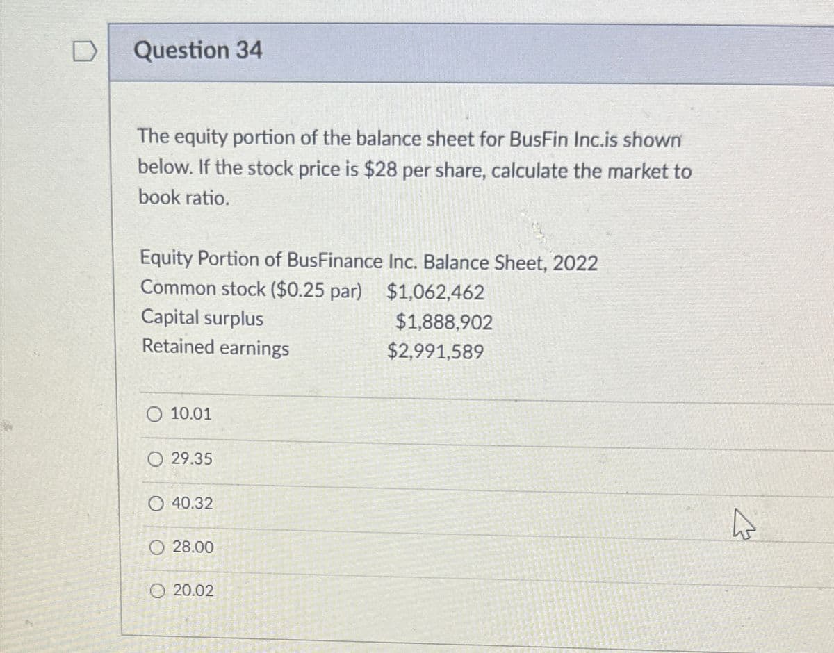 Question 34
The equity portion of the balance sheet for BusFin Inc.is shown
below. If the stock price is $28 per share, calculate the market to
book ratio.
Equity Portion of BusFinance Inc. Balance Sheet, 2022
Common stock ($0.25 par) $1,062,462
Capital surplus
$1,888,902
Retained earnings
$2,991,589
O 10.01
29.35
O 40.32
O 28.00
20.02
4