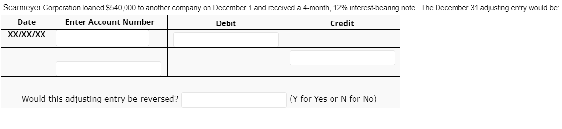 Scarmeyer Corporation loaned $540,000 to another company on December 1 and received a 4-month, 12% interest-bearing note. The December 31 adjusting entry would be:
Date
Enter Account Number
Debit
Credit
XX/XX/XX
Would this adjusting entry be reversed?
(Y for Yes or N for No)
