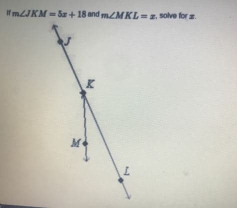 If M2JKM =5z+ 18 and MZMKL=z. solve for z.
M
