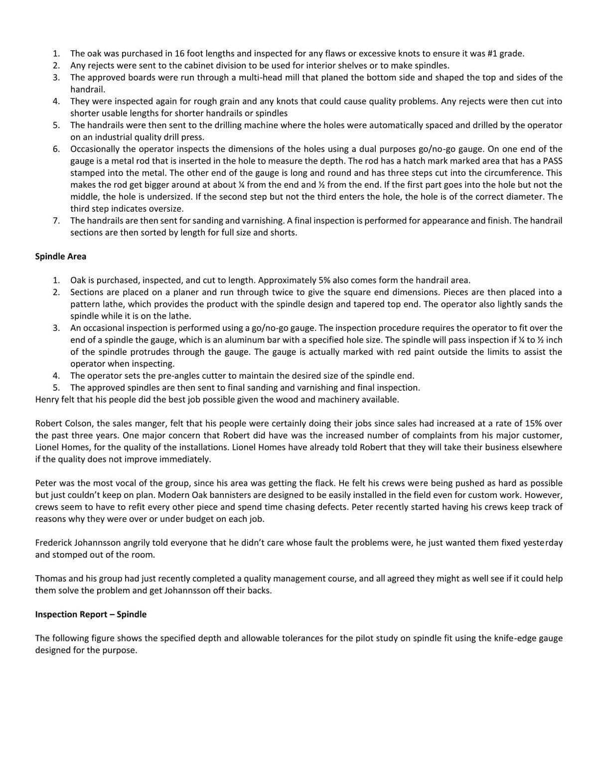 The oak was purchased in 16 foot lengths and inspected for any flaws or excessive knots to ensure it was #1 grade.
2. Any rejects were sent to the cabinet division to be used for interior shelves or to make spindles.
The approved boards were run through a multi-head mill that planed the bottom side and shaped the top and sides of the
1.
3.
handrail.
4. They were inspected again for rough grain and any knots that could cause quality problems. Any rejects were then cut into
shorter usable lengths for shorter handrails or spindles
The handrails were then sent to the drilling machine where the holes were automatically spaced and drilled by the operator
on an industrial quality drill press.
6. Occasionally the operator inspects the dimensions of the holes using a dual purposes go/no-go gauge. On one end of the
5.
gauge is a metal rod that is inserted in the hole to measure the depth. The rod has a hatch mark marked area that has a PASS
stamped into the metal. The other end of the gauge is long and round and has three steps cut into the circumference. This
makes the rod get bigger around at about 4 from the end and % from the end. If the first part goes into the hole but not the
middle, the hole is undersized. If the second step but not the third enters the hole, the hole is of the correct diameter. The
third step indicates oversize.
The handrails are then sent for sanding and varnishing. A final inspection is performed for appearance and finish. The handrail
sections are then sorted by length for full size and shorts.
7.
Spindle Area
Oak is purchased, inspected, and cut to length. Approximately 5% also comes form the handrail area.
Sections are placed on a planer and run through twice to give the square end dimensions. Pieces are then placed into a
pattern lathe, which provides the product with the spindle design and tapered top end. The operator also lightly sands the
spindle while it is on the lathe.
1.
2.
An occasional inspection is performed using a go/no-go gauge. The inspection procedure requires the operator to fit over the
end of a spindle the gauge, which is an aluminum bar with a specified hole size. The spindle will pass inspection if 4 to ½ inch
of the spindle protrudes through the gauge. The gauge is actually marked with red paint outside the limits to assist the
operator when inspecting.
4. The operator sets the pre-angles cutter to maintain the desired size of the spindle end.
5. The approved spindles are then sent to final sanding and varnishing and final inspection.
3.
Henry felt that his people did the best job possible given the wood and machinery available.
Robert Colson, the sales manger, felt that his people were certainly doing their jobs since sales had increased at a rate of 15% over
the past three years. One major concern that Robert did have was the increased number of complaints from his major customer,
Lionel Homes, for the quality of the installations. Lionel Homes have already told Robert that they will take their business elsewhere
if the quality does not improve immediately.
Peter was the most vocal of the group, since his area was getting the flack. He felt his crews were being pushed as hard as possible
but just couldn't keep on plan. Modern Oak bannisters are designed to be easily installed in the field even for custom work. However,
crews seem to have to refit every other piece and spend time chasing defects. Peter recently started having his crews keep track of
reasons why they were over or under budget on each job.
Frederick Johannsson angrily told everyone that he didn't care whose fault the problems were, he just wanted them fixed yesterday
and stomped out of the room.
Thomas and his group had just recently completed a quality management course, and all agreed they might as well see if it could help
them solve the problem and get Johannsson off their backs.
Inspection Report – Spindle
The following figure shows the specified depth and allowable tolerances for the pilot study on spindle fit using the knife-edge gauge
designed for the purpose.
