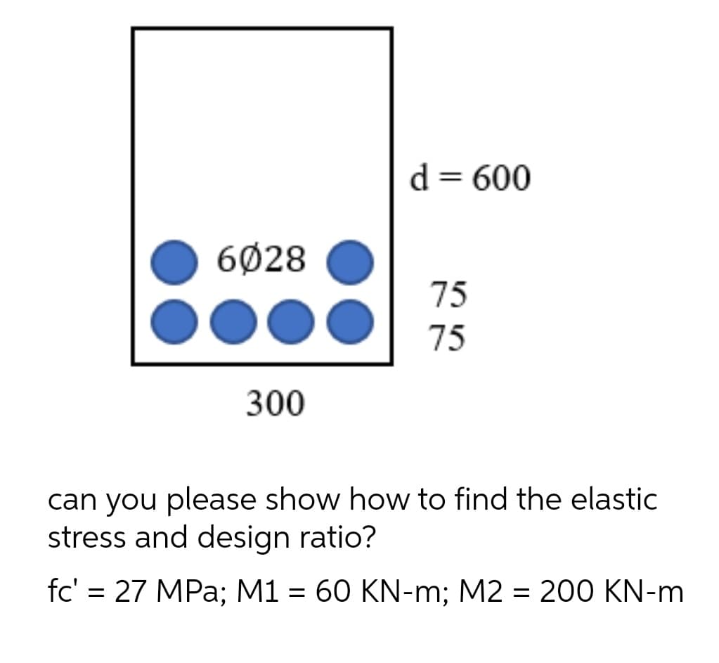 d = 600
6Ø28
75
75
300
can you please show how to find the elastic
stress and design ratio?
fc' = 27 MPa; M1 = 60 KN-m; M2 = 200 KN-m
