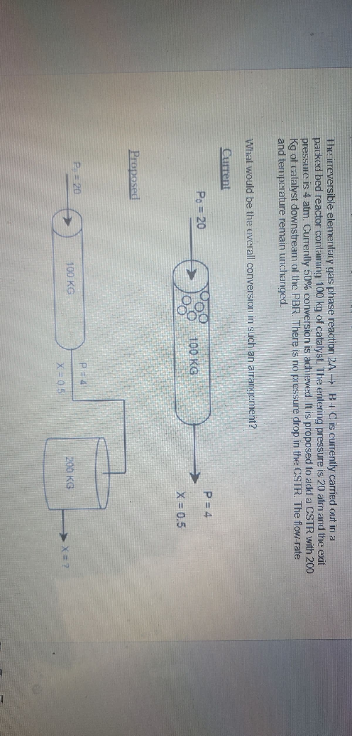 The irreversible elementary gas phase reaction 2A → B+C is currently carried out in a
packed bed reactor containing 100 kg of catalyst. The entering pressure is 20 atm and the exit
pressure is 4 atm. Currently 50% conversion is achieved. It is proposed to add a CSTR with 200
Kg of catalyst downstream of the PBR. There is no pressure drop in the CSTR. The flow-rate
and temperature remain unchanged.
What would be the overall conversion in such an arrangement?
Current
P₁ = 20
Proposed
P₁ = 20
►
100 KG
100 KG
X=0,5
200 KG
P=4
X = 0.5
[