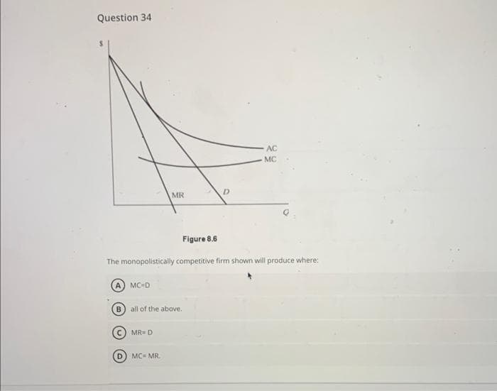 Question 34
B) all of the above.
D
MR
MR= D
The monopolistically competitive firm shown will produce where:
A MC-D
MC= MR.
Figure 8.6
D
AC
MC