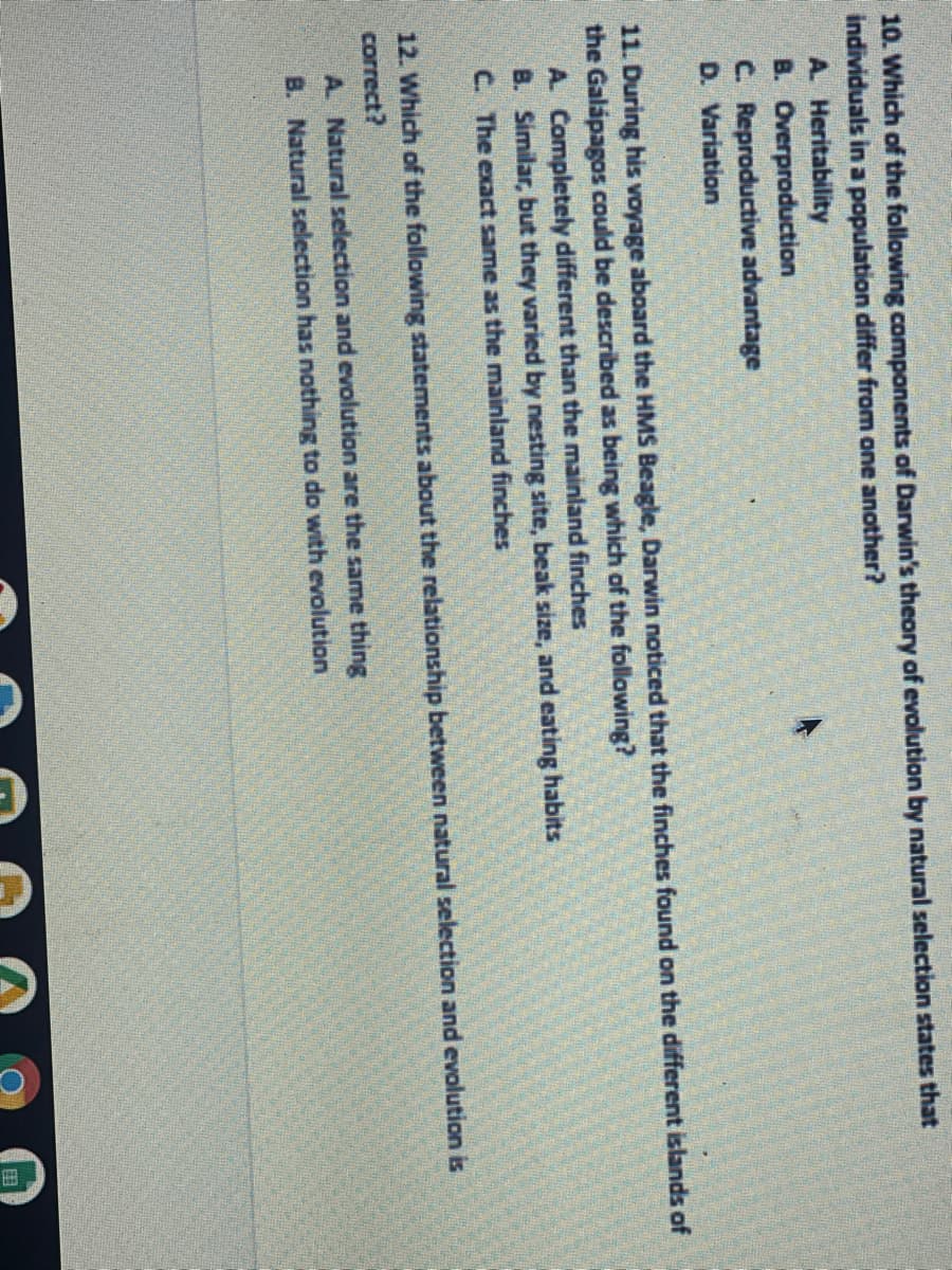 10. Which of the following components of Darwin's theory of evolution by natural selection states that
individuals in a population differ from one another?
A. Heritability
B. Overproduction
C. Reproductive advantage
D. Variation
11. During his voyage aboard the HMS Beagle, Darwin noticed that the finches found on the different islands of
the Galápagos could be described as being which of the following?
A. Completely different than the mainland finches
B. Similar, but they varied by nesting site, beak size, and eating habits
C. The exact same as the mainland finches
12. Which of the following statements about the relationship between natural selection and evolution is
correct?
A. Natural selection and evolution are the same thing
B. Natural selection has nothing to do with evolution
E
