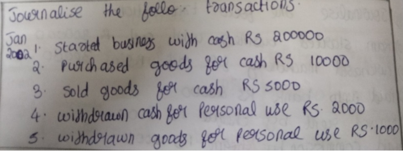 Journalise the follo. transactions.
Jan
2002! Started business with cash Rs 200000 2
2. Purchased goods for cash R$ 10000
3. Sold goods for cash RS 500D
4. withdrawn cash for Personal use Rs. 2000
5. withdrawn goods for personal use RS 1000