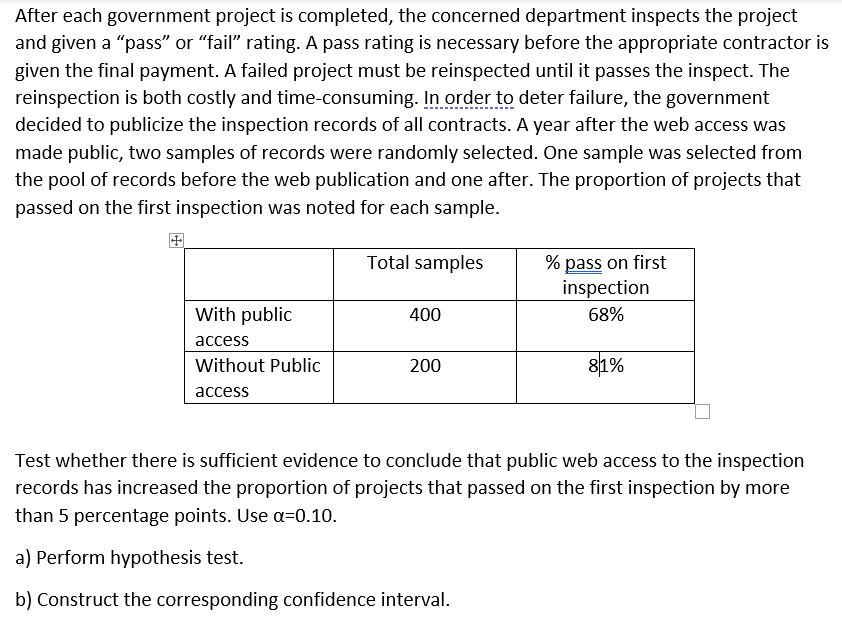 After each government project is completed, the concerned department inspects the project
and given a "pass" or "fail" rating. A pass rating is necessary before the appropriate contractor is
given the final payment. A failed project must be reinspected until it passes the inspect. The
reinspection is both costly and time-consuming. In order to deter failure, the government
decided to publicize the inspection records of all contracts. A year after the web access was
made public, two samples of records were randomly selected. One sample was selected from
the pool of records before the web publication and one after. The proportion of projects that
passed on the first inspection was noted for each sample.
田
% pass on first
inspection
Total samples
With public
400
68%
асcess
Without Public
200
81%
асcess
Test whether there is sufficient evidence to conclude that public web access to the inspection
records has increased the proportion of projects that passed on the first inspection by more
than 5 percentage points. Use a=0.10.
a) Perform hypothesis test.
b) Construct the corresponding confidence interval.
