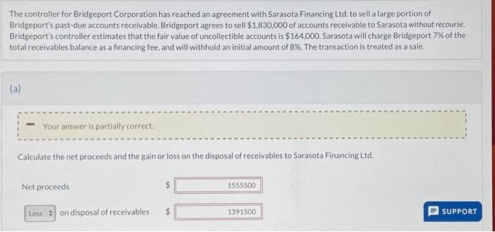 The controller for Bridgeport Corporation has reached an agreement with Sarasota Financing Ltd. to sell a large portion of
Bridgeport's past-due accounts receivable. Bridgeport agrees to sell $1,830,000 of accounts receivable to Sarasota without recourse.
Bridgeport's controller estimates that the fair value of uncollectible accounts is $164,000. Sarasota will charge Bridgeport 7% of the
total receivables balance as a financing fee, and will withhold an initial amount of 8%. The transaction is treated as a sale.
(a)
Your answer is partially correct.
Calculate the net proceeds and the gain or loss on the disposal of receivables to Sarasota Financing Ltd.
Net proceeds
Loss on disposal of receivables
1555500
1391500
SUPPORT